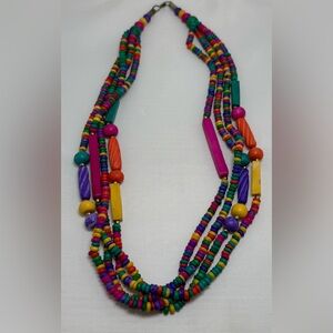 Multi-strand Vibrant Multicolor Wooden Beaded Necklace 22”